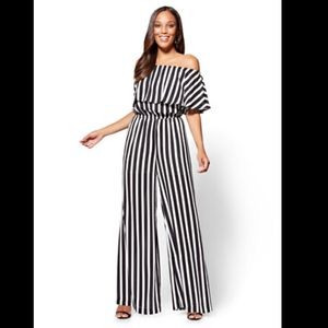 New York & Co. Off-The-Shoulder Jumpsuit Stripe